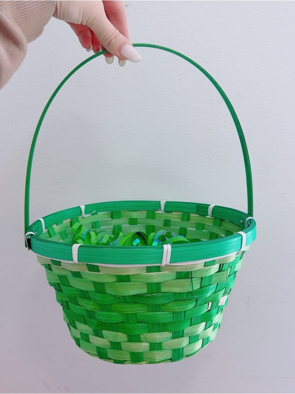 Green Basket with Hanging Spiral Swirls